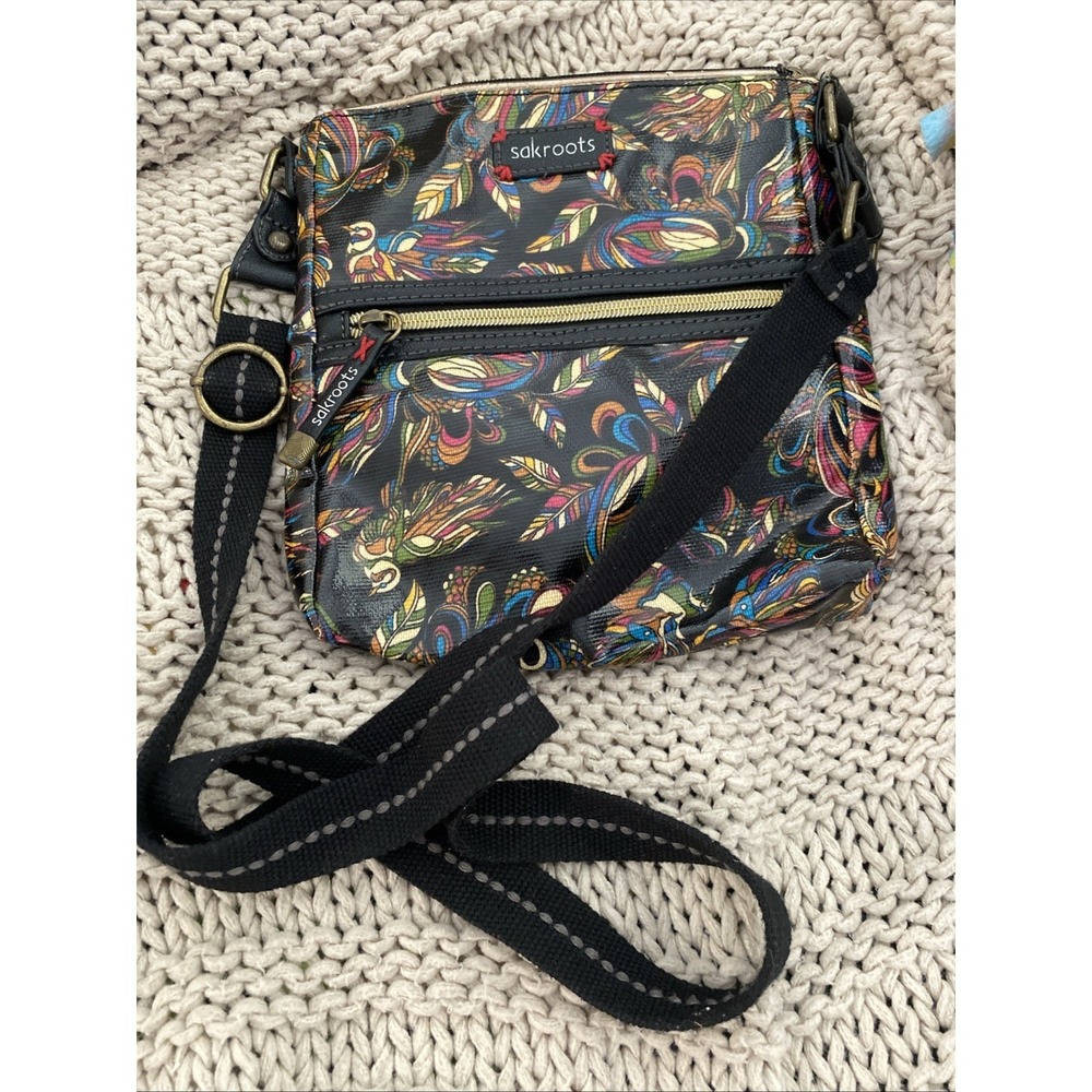 Sakroots Bird Feather Black Colorful Artistic Crossbody Purse